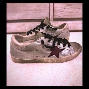 Golden Goose Silver and Burgundy Athletic Shoes